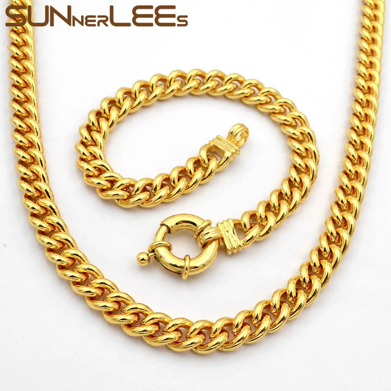 

SUNNERLEES модные ювелирные изделия цвет белое розовое золото ожерелье браслет набор 9 мм 11 мм Гладкая панцирная кубинская цепь для мужчин женщи...
