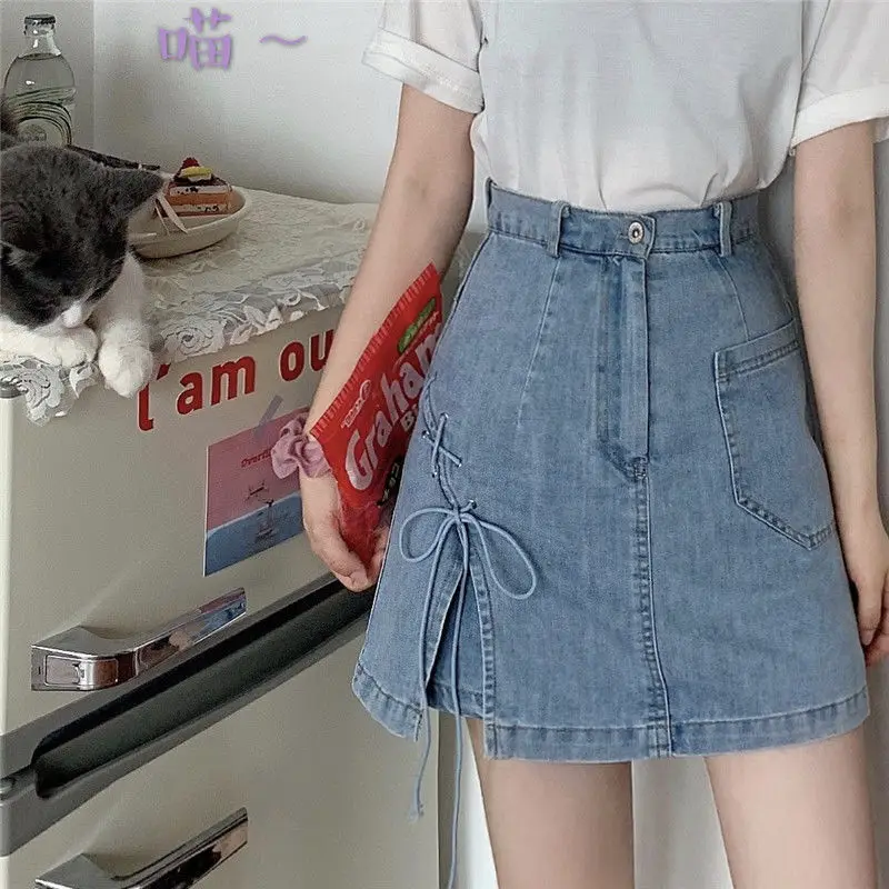 

2021 Summer Solid Bow High Waist All Match Slit Skirts Women Patchwork Temperament Slim A-line Denim Skirt Female Elegant Korean