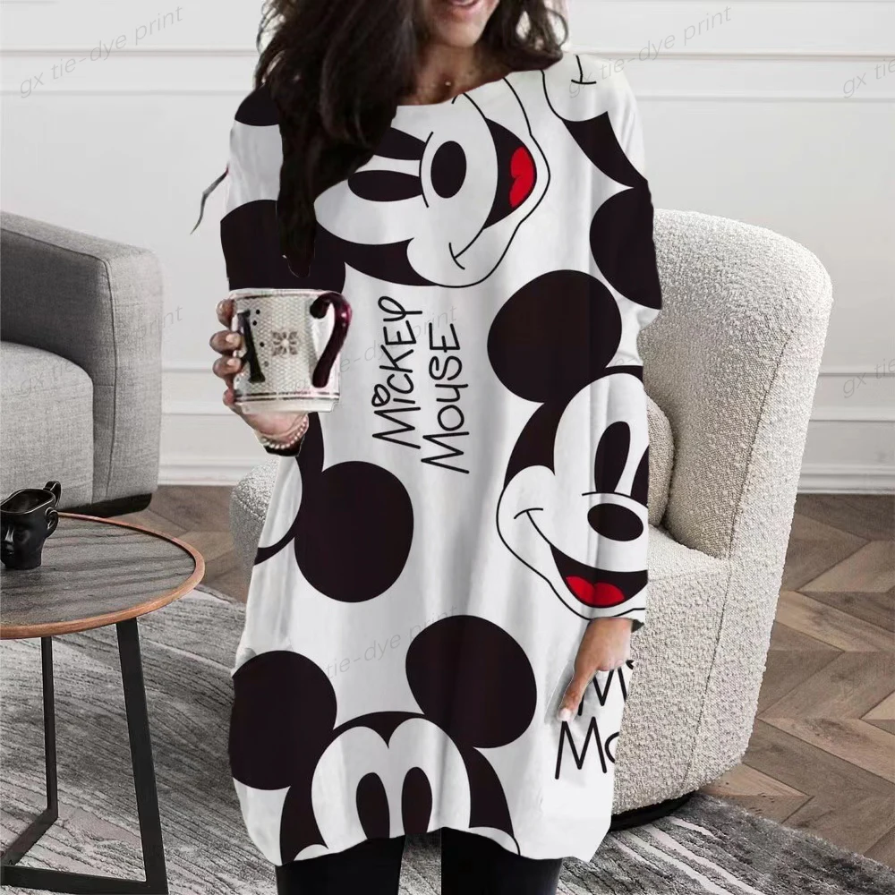 

New Autumn Winter Women's Long-Sleeve Disney Minnie Mickey Mouse print O-Neck T-Shirt Ladies Casual Loose Pocket Irregular Tops