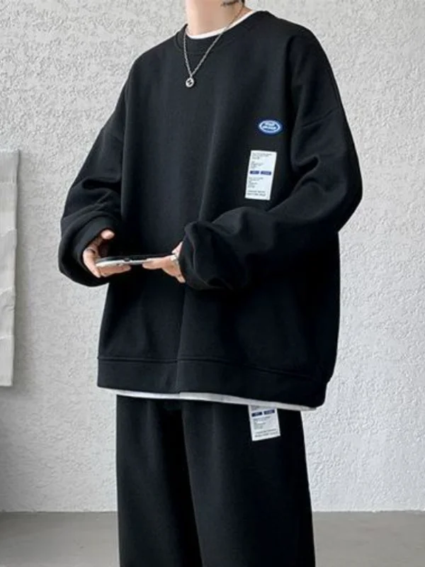 

Hip Hop Suit Men Waffle O-neck Casual Long Sleeve Shirt + Patch Design Trousers 2023 New Trend Unisex Tracksuit