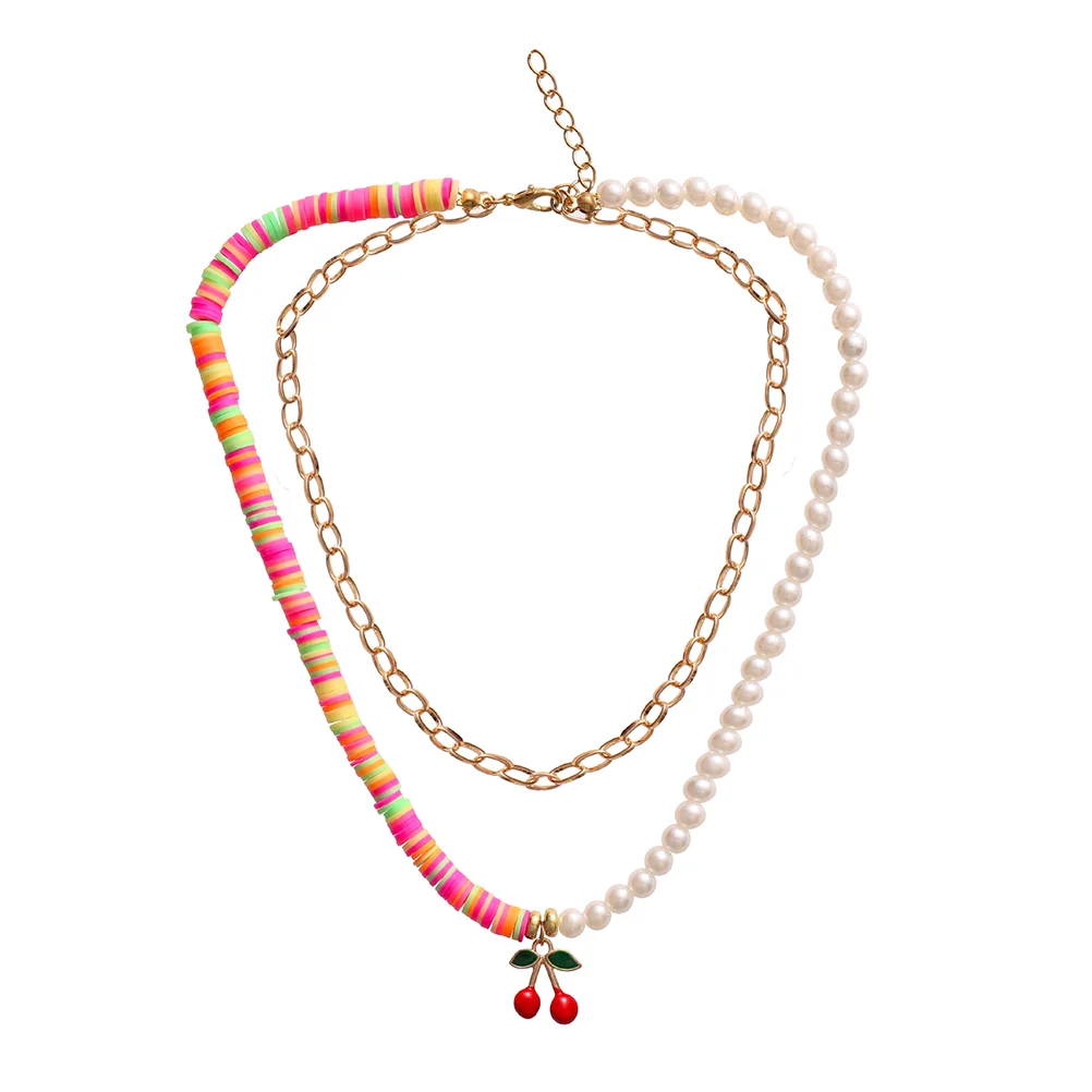 

Polymer Clay Pearls Necklace Double-Layers Clavicle Chain Beach Summer Jewelry