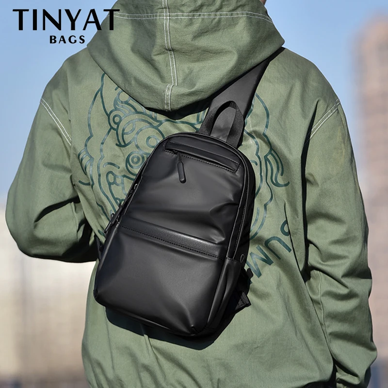 TINYAT Men's 7.9' Ipad Chest Bags PU Waterproof Travel Sling Shoulder Bag Husband Fashion Crossbody Bag Messenger Pack For Male