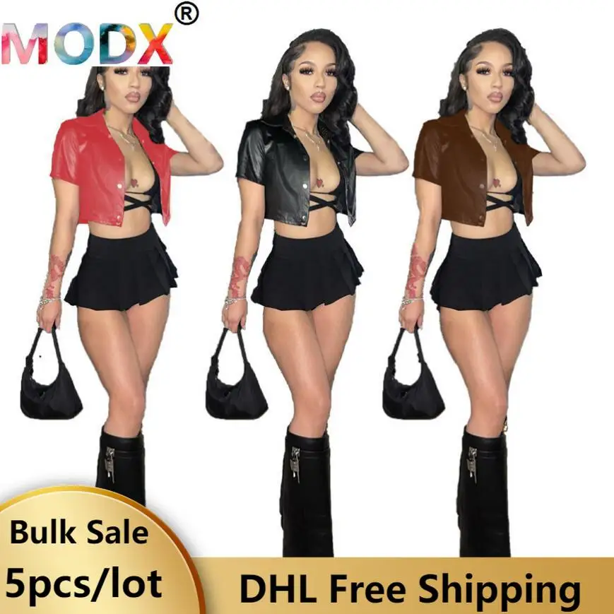 

5PCS Women Leather Shirts Crop Tops Fashion Summer Spring Cardigan Short Blouses Black Brown Single Breasted PU Shirt 2XL 7019