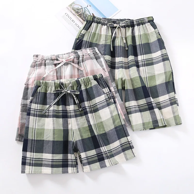 

Cotton Couple Plaid Pajamas Shorts for Men and Women Summer Thin Beach Pants Homewear Women Bottoms Pants Cute Shorts