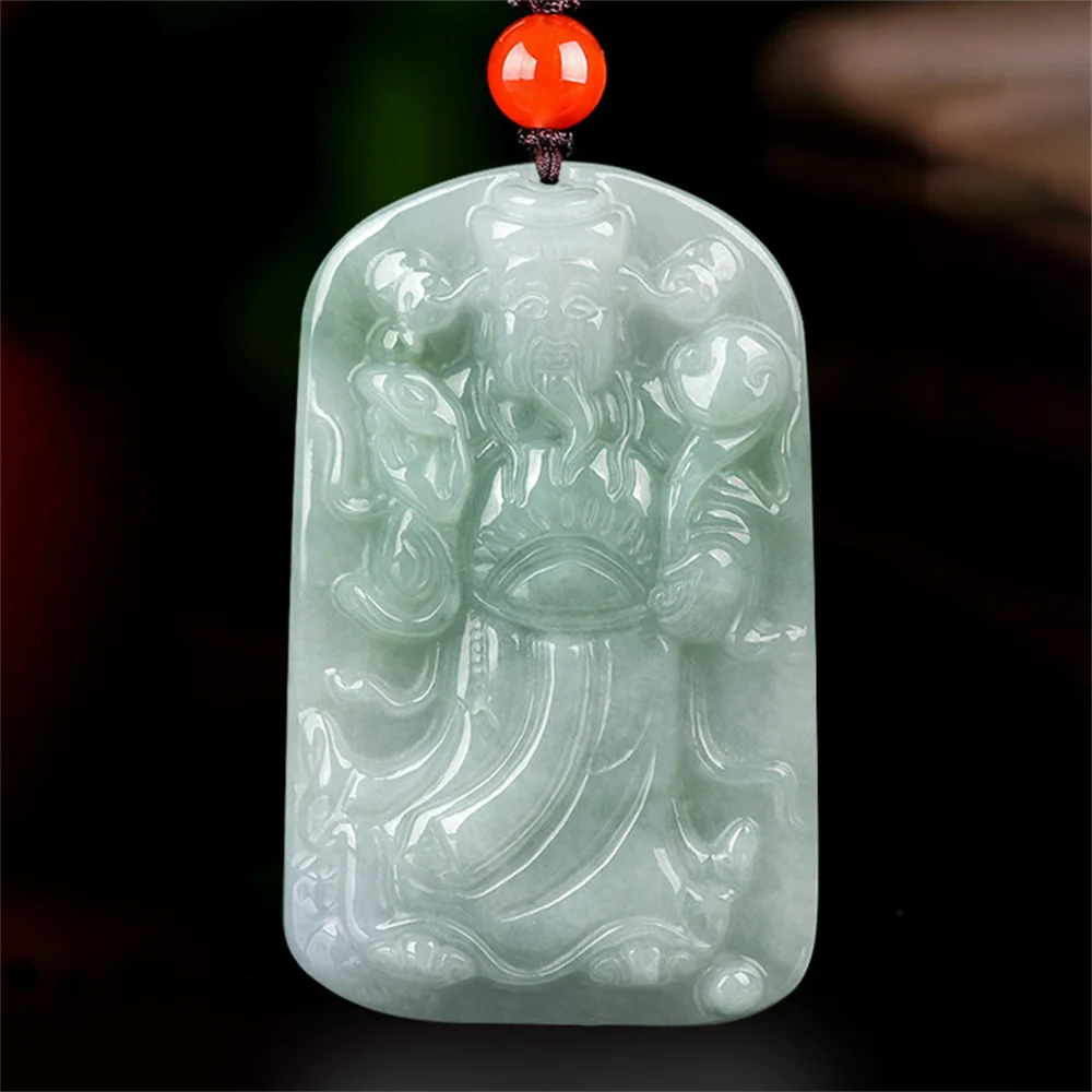 Natural Ice Green Jadeite Carved Chinese RuYi God of Wealth Pendant Amulet Necklace Certificate Vintage Woman Man's Jewelry