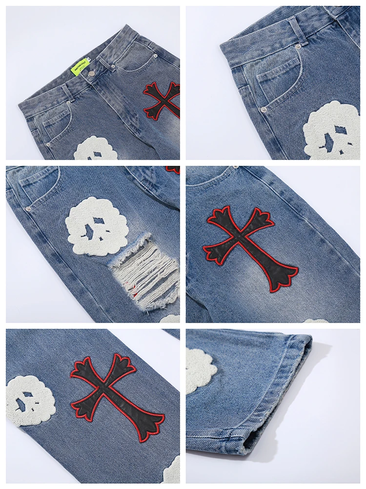 European and American Style Street Embroidery Cross Patch Ripped Men's Jeans High Street Retro Trend Straight Loose Trousers