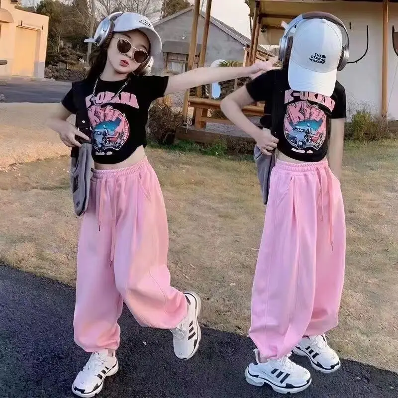 

2023 Teenager Summer Girls Clothes Midriff Street Suit Crop Top Cartoon Print T Shirt + Ripped Ankle-tied Pant 7 9 12 14 15 Year