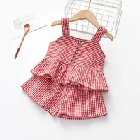 summer childrent set girls plaid clothing for kids sweet off shoulder top and shorts suit baby girls cute ruffles clothes 2 6y