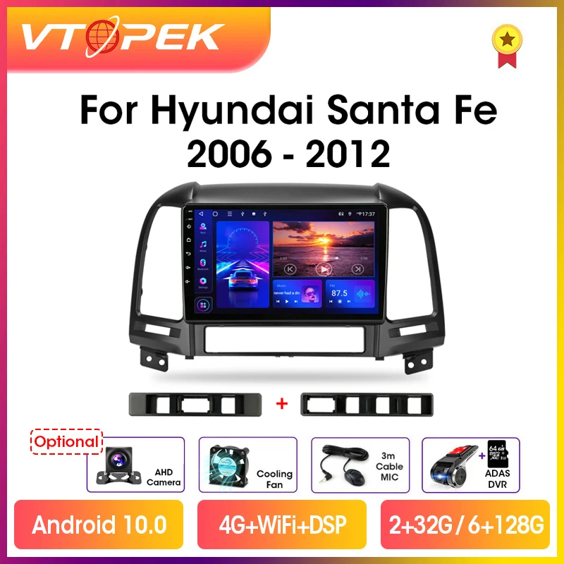 vtopek 9 4g carplay dsp 2din android 10 0 car radio multimedia player gps navigation for hyundai santa fe 2 2006 2012 head unit free global shipping