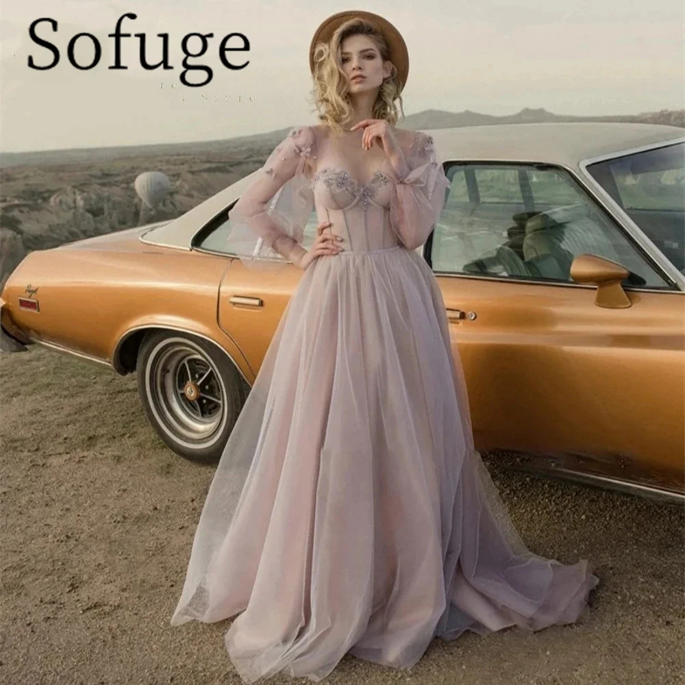 

Sofuge ad933 Tulle Luxury Celebrity Gown Evening Dress Backless Court Train Sweetheart A-Line Lace Up Full Sleeve Dress