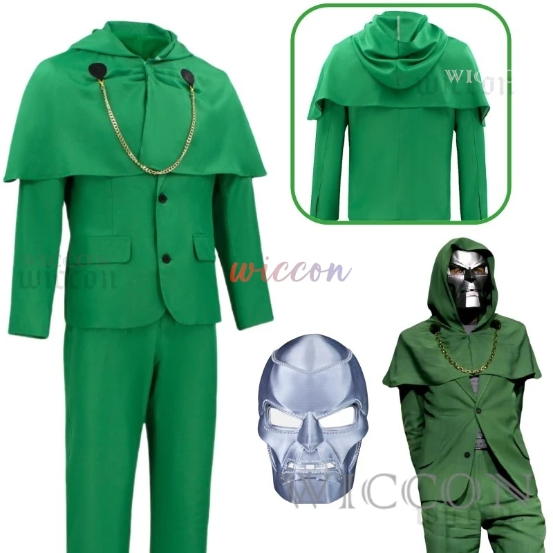 Movie Doctor Doom Cosplay Costume Mask Adult Unisex Green Uniform Coat Pants Suit Halloween Outfit Party