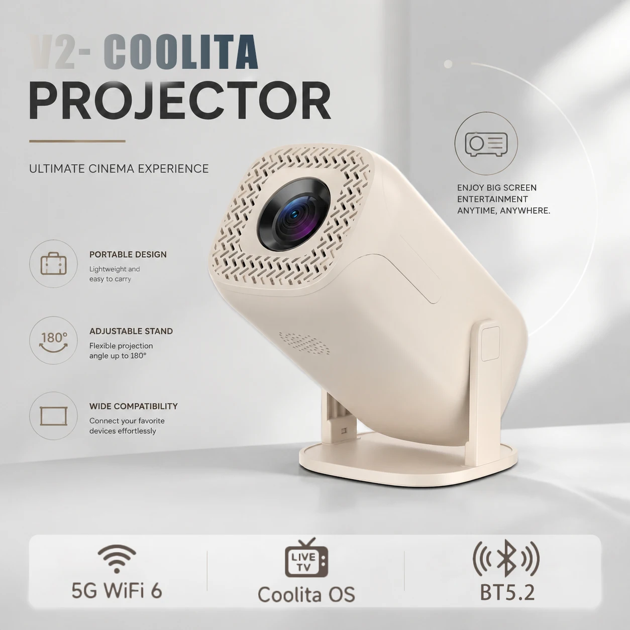 Фото 2026 V2 Нативный 4K Smart мини-проектор, LED, двойной Wi-Fi, Bluetooth, более 500 телевизионных каналов в 80+ регионах, домашний кинотеатр с низким уровнем шума №1