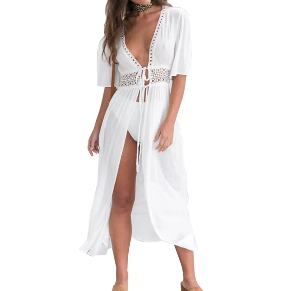 

Summer Women Beach Dress Female Solid Bikini Cover Ups Short Sleeve V-Neck White Pareo Dress Wear Swimwear Plus Size 2020