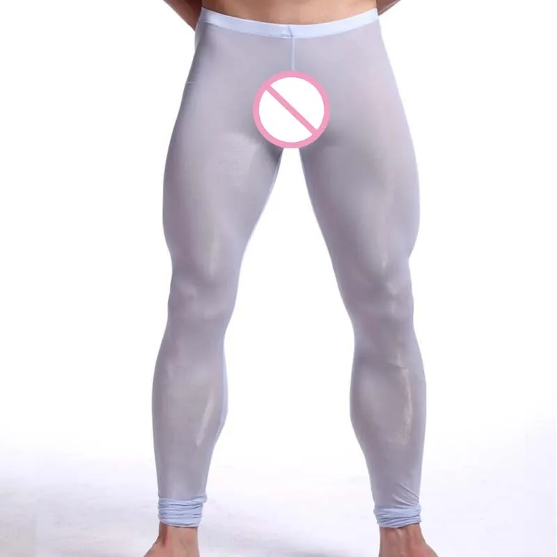 New Men's Sexy Nylon Transparent Long Johns Homme Lce Silk Sheer Leggings Bottoms Gay Spandex Lounge Tights Underwear Homewear