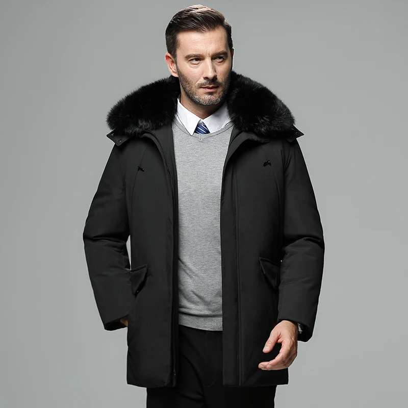 2022 New Men's Mid-Length Down Jacket Winter Warm Belt Fur Collar Down Jacket Men's Fashion White Duck Down Hooded Down Parka