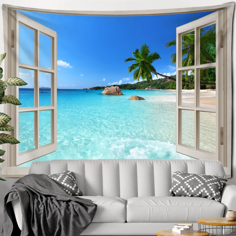 Faux Window Beach Sun Forest Painting Tapestry Wall Hanging Boho Psychedelic Home Decor Tapestry images - 6