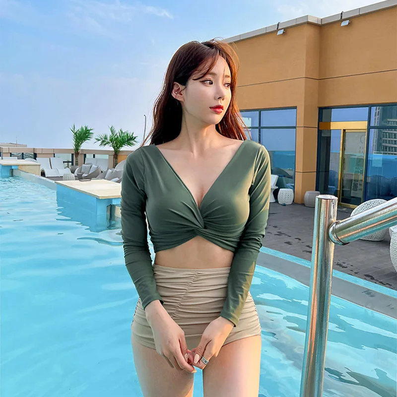 

Женский купальник из двух предметов, купальный костюм в Корейском стиле с высокой талией и длинными рукавами, летняя пляжная одежда, новинка 2023