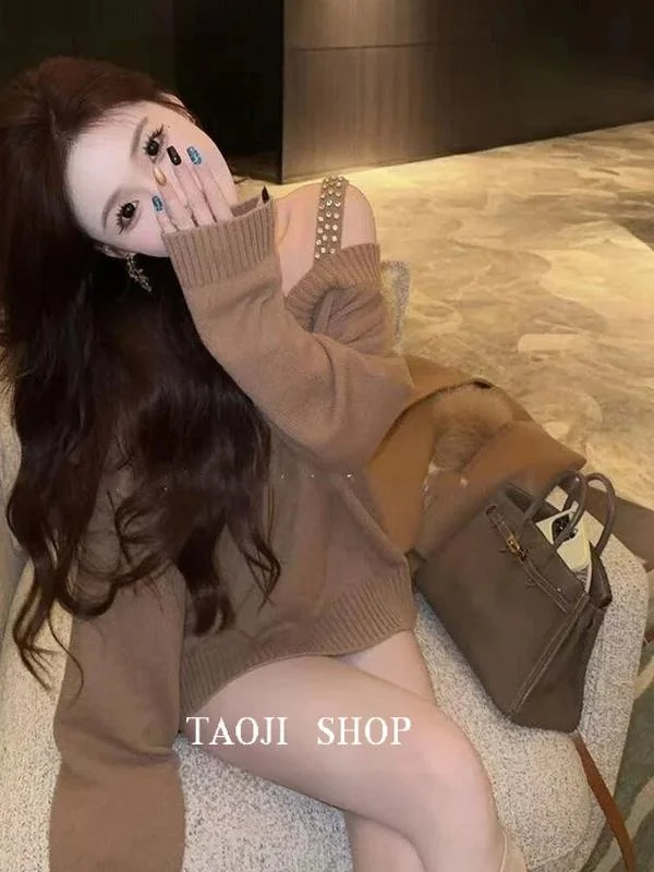 Вязаный свитер Pure Desire Sle Gyaru с v-образным вырезом и открытыми плечами корейская