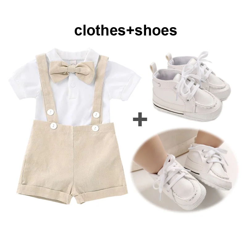 Gentleman My First Birthday Cake Smash Outfit White Romper with Suspender Pants Shoes 3pcs Set Baby Boy Clothes for Wedding