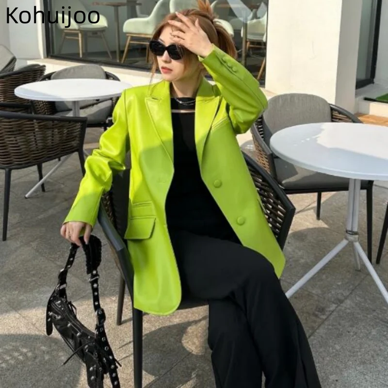 Kohuijoo Spring Coat Korean Fashion Green Casual Leather Jacket Streetwear Women Loose Design PU Leather Jacket 2023 Blazer