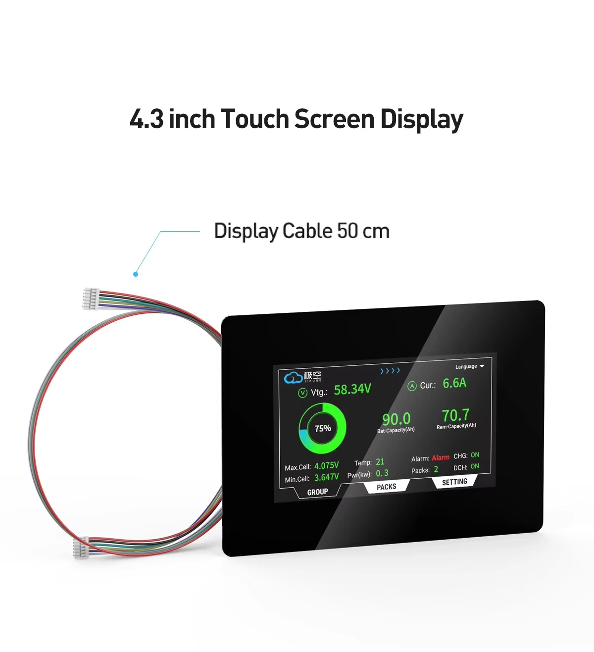 Фото Дисплей JIKONG 4.3 дюйма LCD TFT с сенсорным экраном для V19 JKBMS Smart BMS 9-36V, мультиязычный монитор заряда батареи 4.3 LCD №2