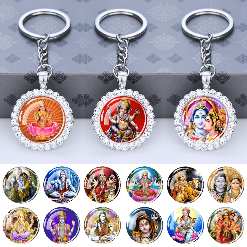 

Hinduism God Keychain Ganesha Durga Vishnu Kashmi Shiva Amulet Rhinestone Pendant Glass Cabochon Key Chains Keyring Jewelry Gift