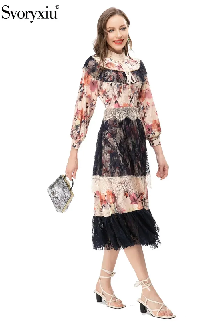 

Svoryxiu Fashion Designer Spring Summer Vintage Gorgeous Lace Midi Dress Women's Floral Printed Beading High Waist Slim Dress