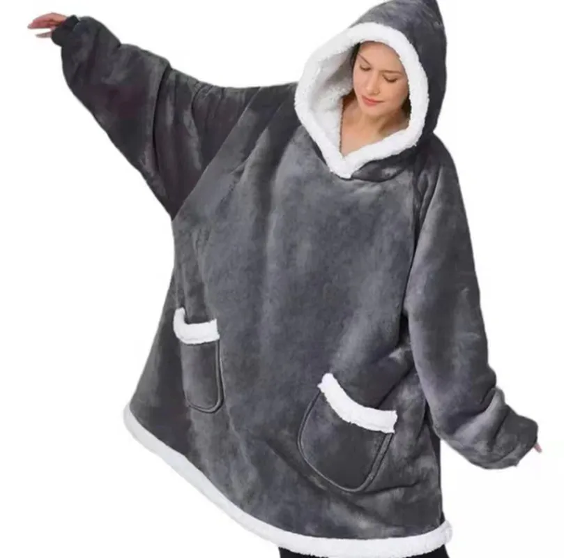 

New Lazy Pullover Pajamas Women's Warm Home Clothes Fashoon Lamb Velvet TV Blanket Hugging Hoodie Nightgown pijama mujer