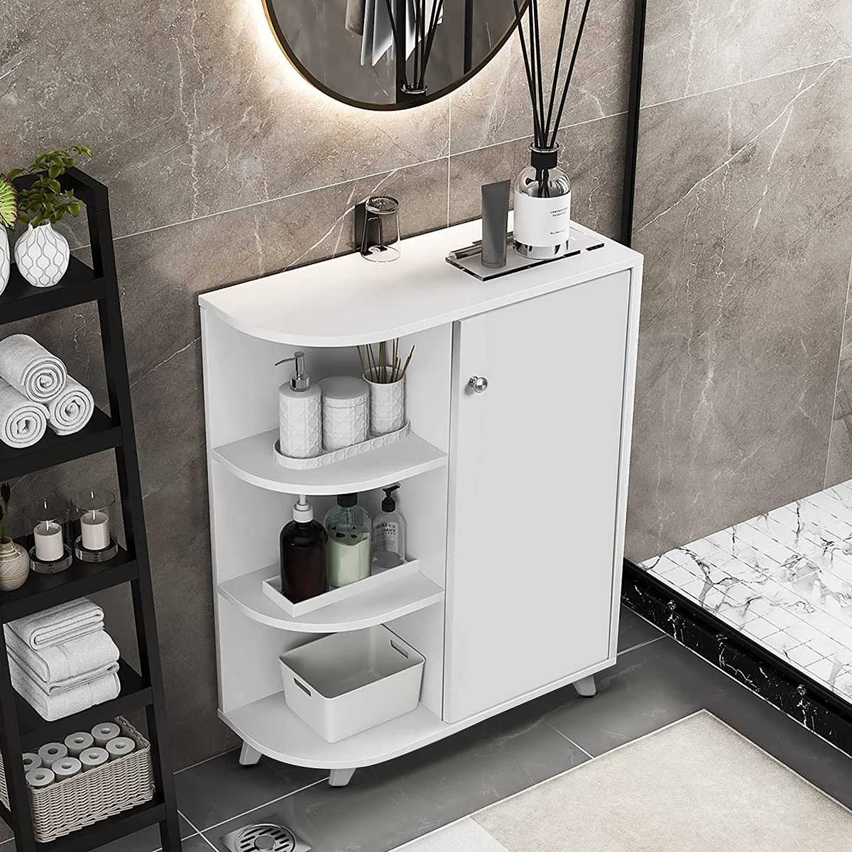 

Bathroom Storage Cabinet Freestanding Organizer Adjustable Shelves Open Shelf Bathroom Linving Room Kitchen Modern Style White