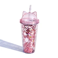 tumbler cup water bottles with straw double walled cat ear glitter tumbler cup for drinking coffee kids adult water bottle
