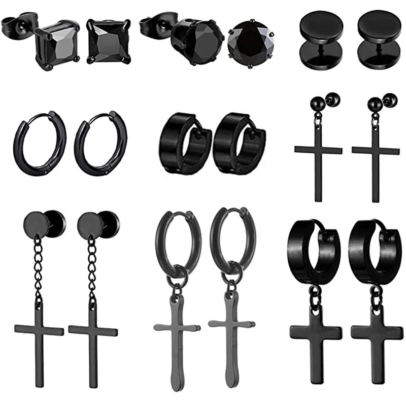 

9 Pairs of Earrings Stainless Steel Cross Earrings Set Men’s Women’s Earrings Small Huggie Hoop Cross Earrings