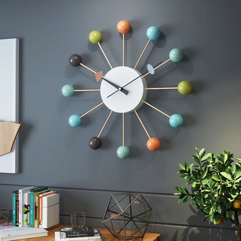 Wrought Iron Metal Wall Clock Colors Balls Sunburst Silent Watch Modern Design Self Adhesive Big Horloge Free Shipping