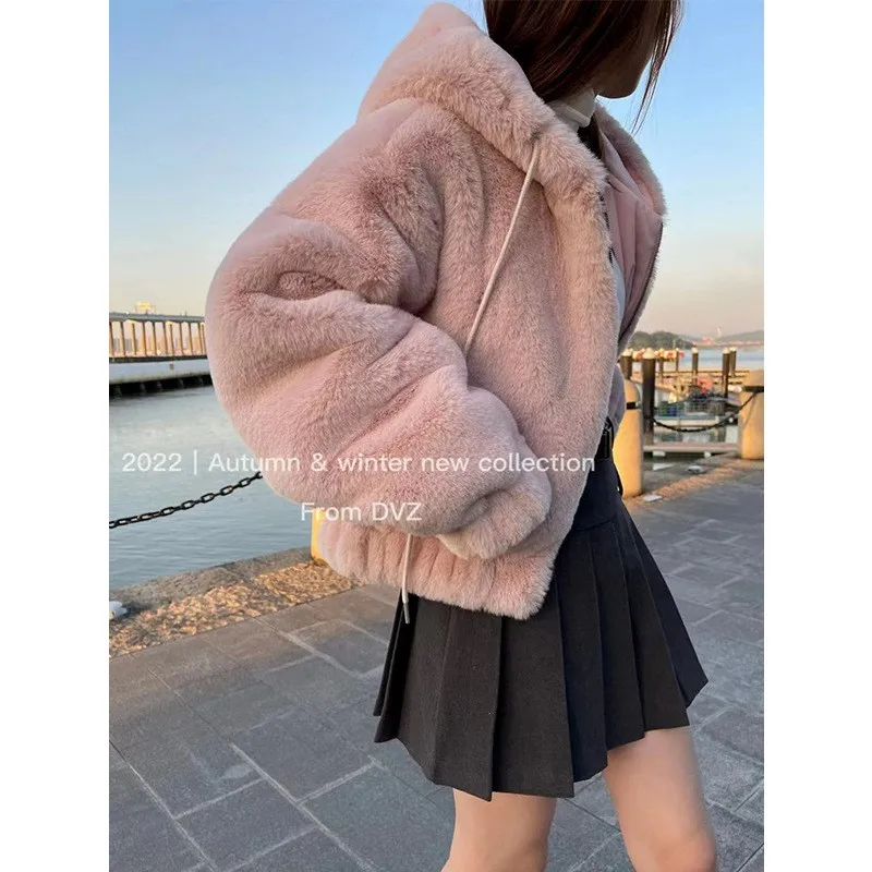 Lamb Wool Warm Fleece Fleece Coat Oversize Parkas Women's Fur Jacket Loose Faux Zip Hooded Thicken Short Fur Coat Thick Furry