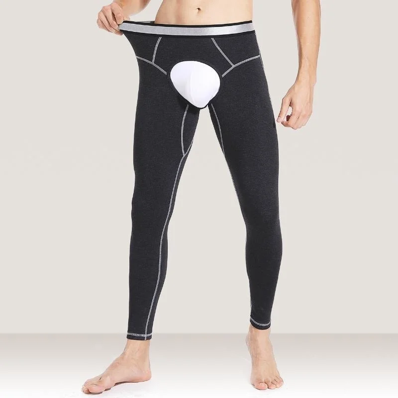 Autumn Winter Men's Warm Open Crotch Long Johns Cotton Fleece Tight Mid-waist Leggings Trousers