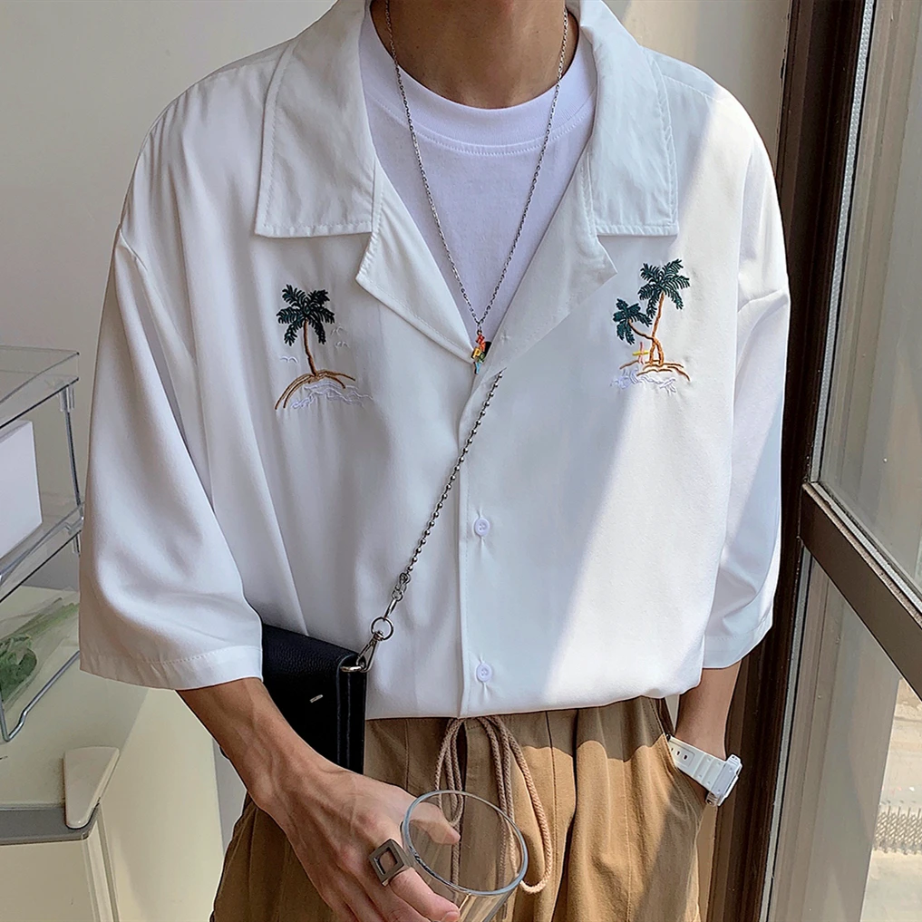 2022 Summer Cute Embroidery White Black Shirts for Men Cuba Neck Loose Casual Blouse Brand Design Beach Hawaii Short Sleeve Tops