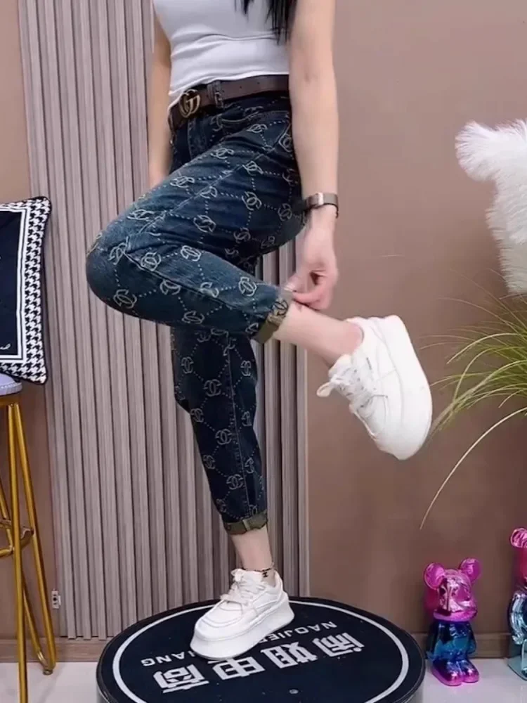 Жаккардовые джинсовые брюки-султанки новинка осень/зима эластичные свободные