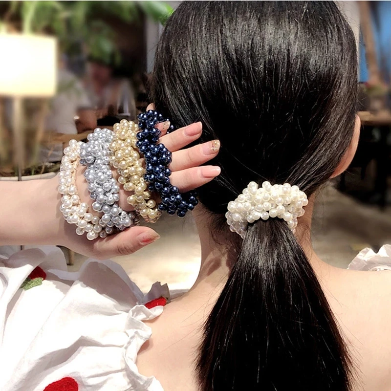 S Women Elegant Simulated Pearl Hair Ties Fashion Champagne Color Elastic Beads Hair Bands Hair Accessories For Girls