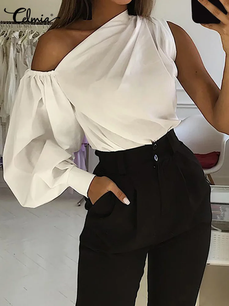 

Celmia Blusas Women 2022 Summer Off Shoulder Shirt Elegant Long Sleeve Blouse Fashion Asymmetrical Top Casual Solid Tunic Femme