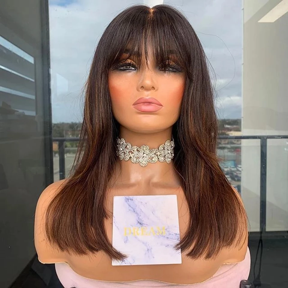 

Brown Ombre 13x6 Lace Frontal Wig with Bangs Fringe 5x5 Bone Straight Lace Closure Wigs For Black Women Glueless Human Hair Remy