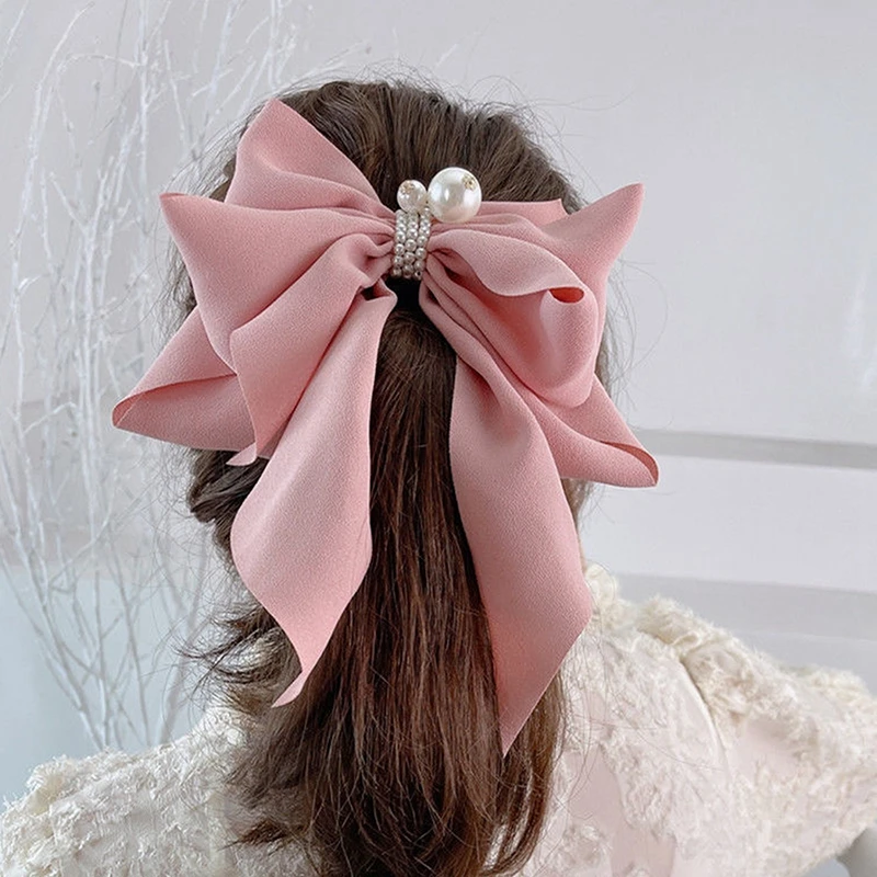 

Women Large Bow Hairpin Summer Chiffon Big Bowknot Solid Color Bow Barrettes Elegant Lady Pearl Ponytail Clip Hair Accessories