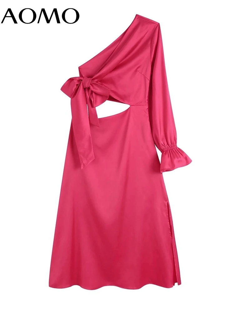 

AOMO 2022 New Women Solid Cut-out Shoulder Off Bow Dress Long Sleeve Sexy Ladies Midi Dress CE68A