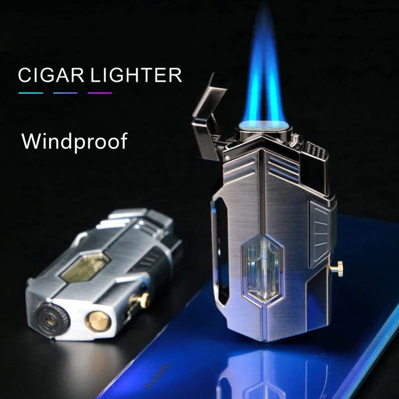 

New Twin Turbo Gas Lighter Powerful Fire Butane Metal Blue Flame Windproof Cigar Lighters Gadget Men Gift Smoking Accessories