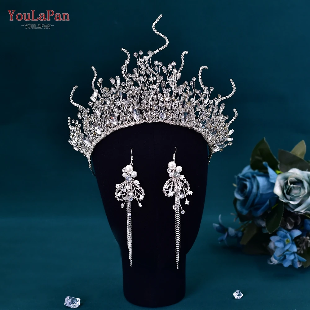 

YouLaPan Wedding Tiara Rhinestone Bridal Crown Handmade Wedding Bride Hair Accessories Woman Headpiece Earring for Pageant HP369