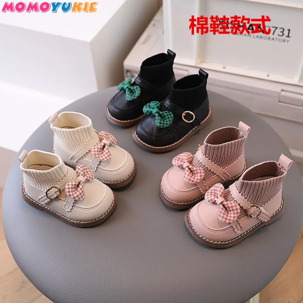 New 2022 Autumn Fashion Warm Cute Bow Baby Princess High Top Sneakers Breathable Children's Shoes Girls Soft Leather Ankle Boots