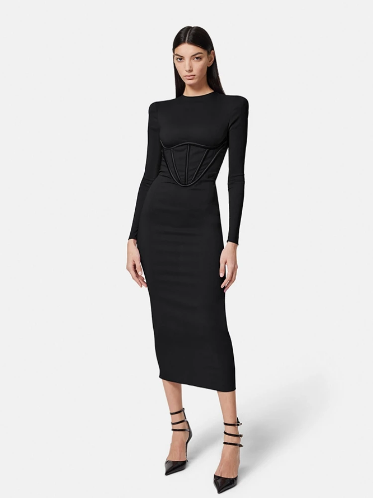 

BEVENCCEL Sexy O-Neck Long Sleeve Midi Bandage Dress Winter Elegant Black Rayon Bodycon 2023 Evening Celebrity Party Dresses