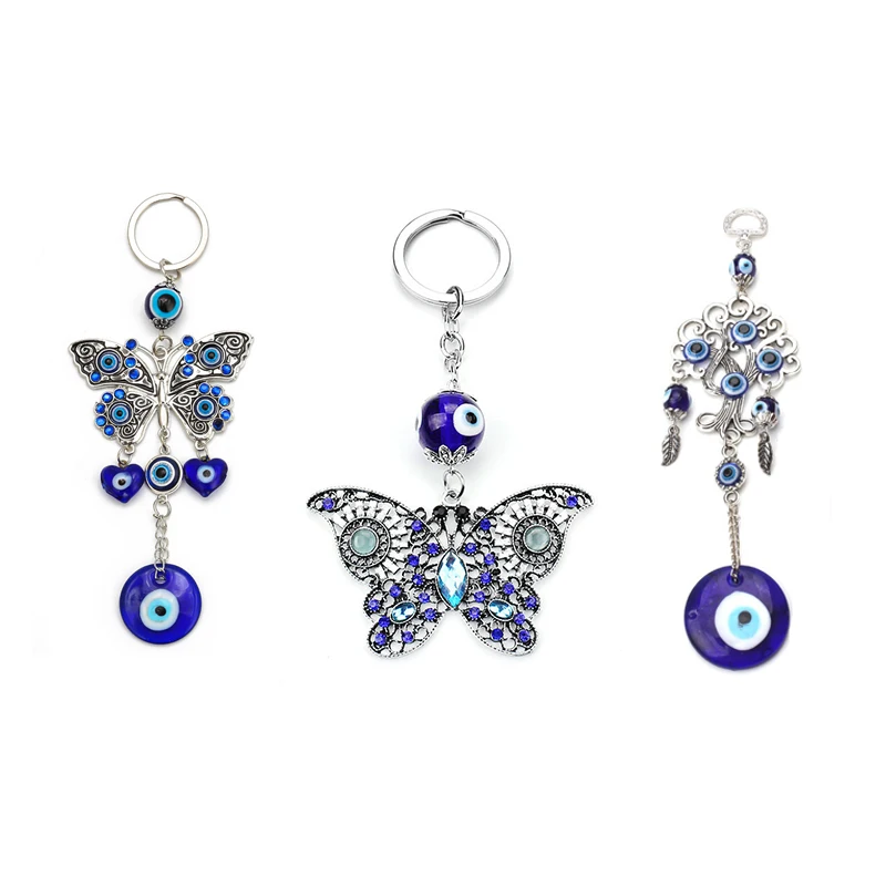 

Charm Turkish Blue Evil Eye Rhinestone Butterfly Keychain For Women Grass Lucky Blue Eye Dreamcatcher Pendant Keychain Girl Gift