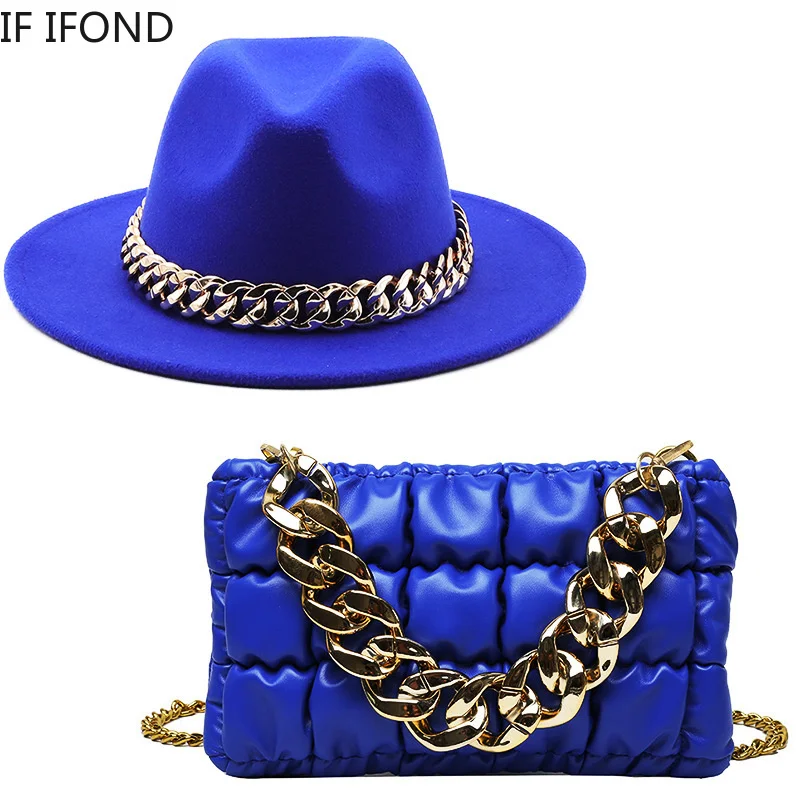 

Hat For Women Autumn Winter New Party Jazz Fedora Hats With Fashion Luxury Oversized Chain Accessory Bag Two-piece Set