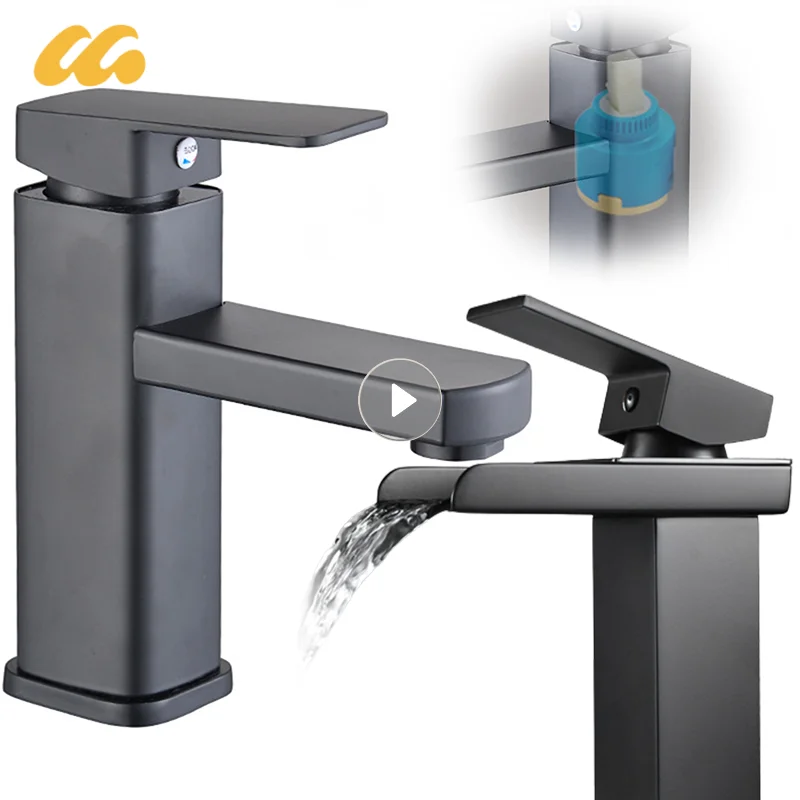 

Square Faucet Stainless Steel Basin Faucet Black Hot And Cold Sink Faucet Toilet Single Handle Basin Waterfall Bathroom Basin