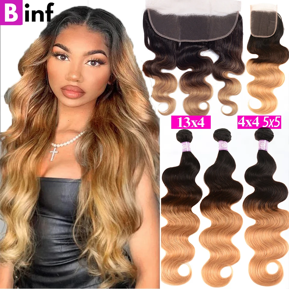 

Body Wave Bundles with Closure Peruvian Hair Weave Bundles with 4x4 5x5 HD Lace Closure Remy Ombre T1b/4/27 Bundle with Frontal