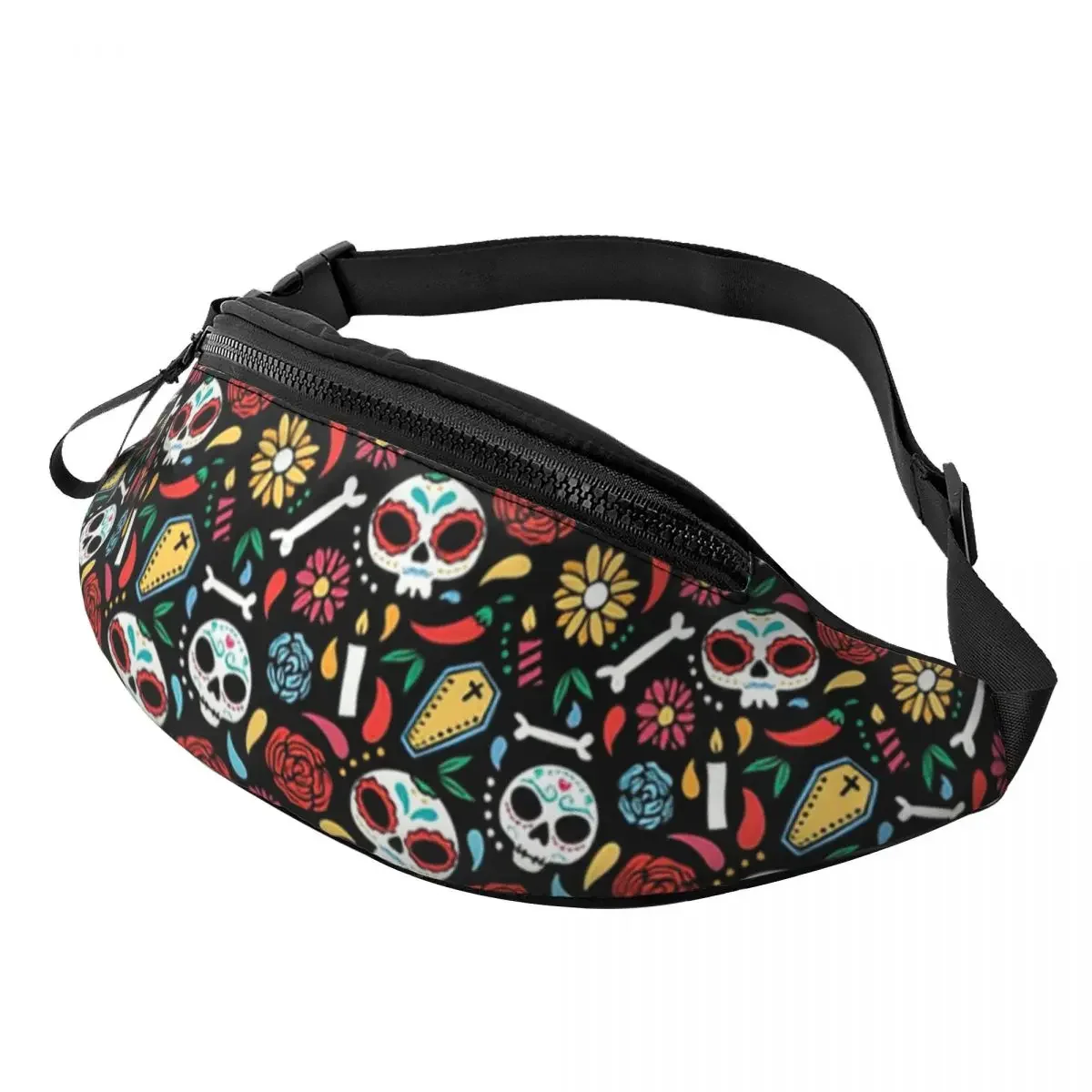 

Casual Mexican Flower Candy Skulls Fanny Pack Women Men Crossbody Waist Bag for Travel Cycling Phone Money Pouch